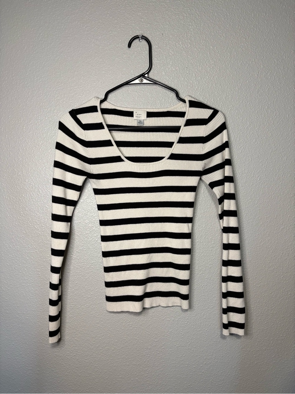 A New Day Striped Ribbed Scoop Neck Long Sleeve Top XS Stretch Knit
